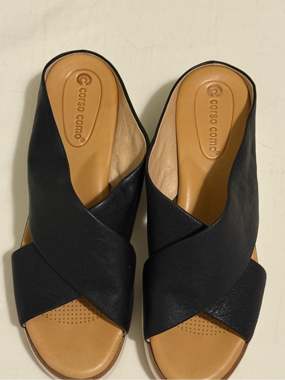 Corso Como Brunna Black Leather Cross-strap Wedge Slide sz 9 - Picture 2 of 9